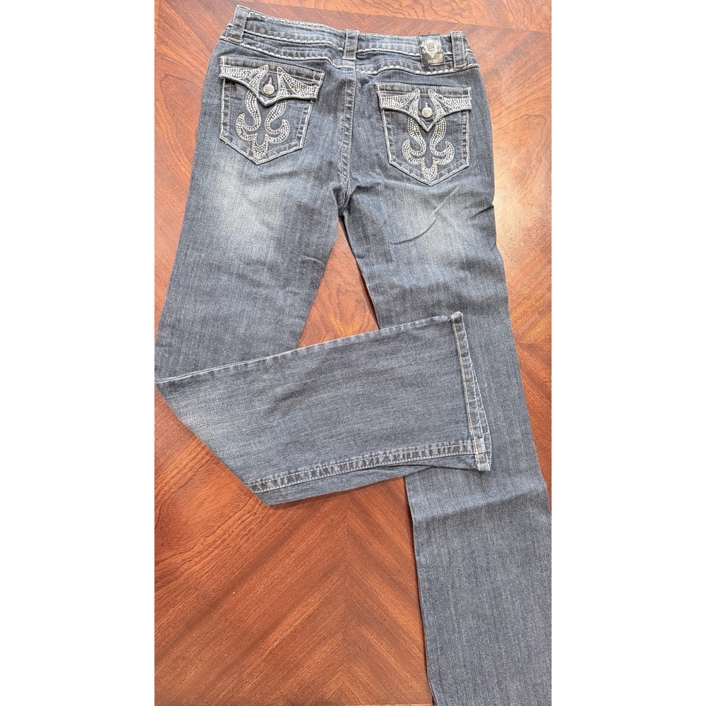 Cello‎ Jeans Womens Size 13 Rhinestone Fleur De Lis Bootcut Denim Bling Pockets